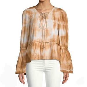 Moon River Blouse V-Neck Lace Up Tie Dye Long Sleeve Bell Cuffs Camel M NWT